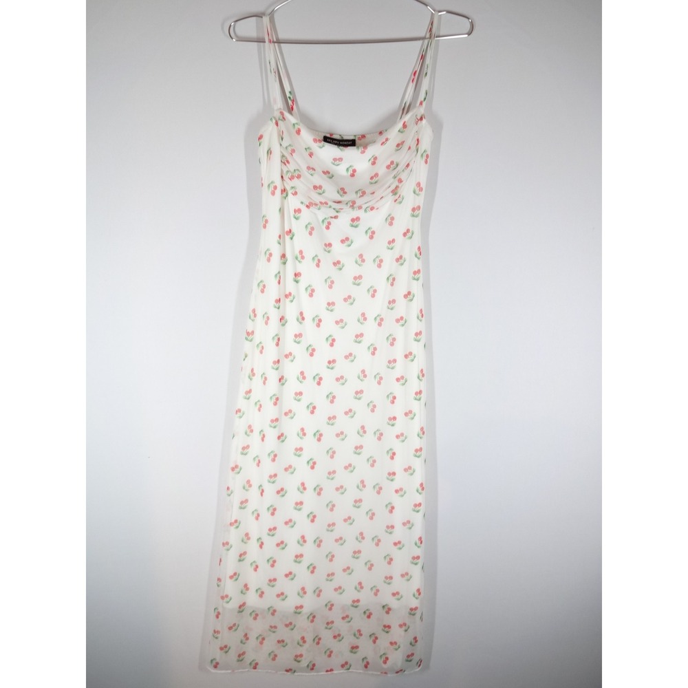 See You Monday Cherry Print Midi Dress Womens Large White Mesh Cowl Neck Summer